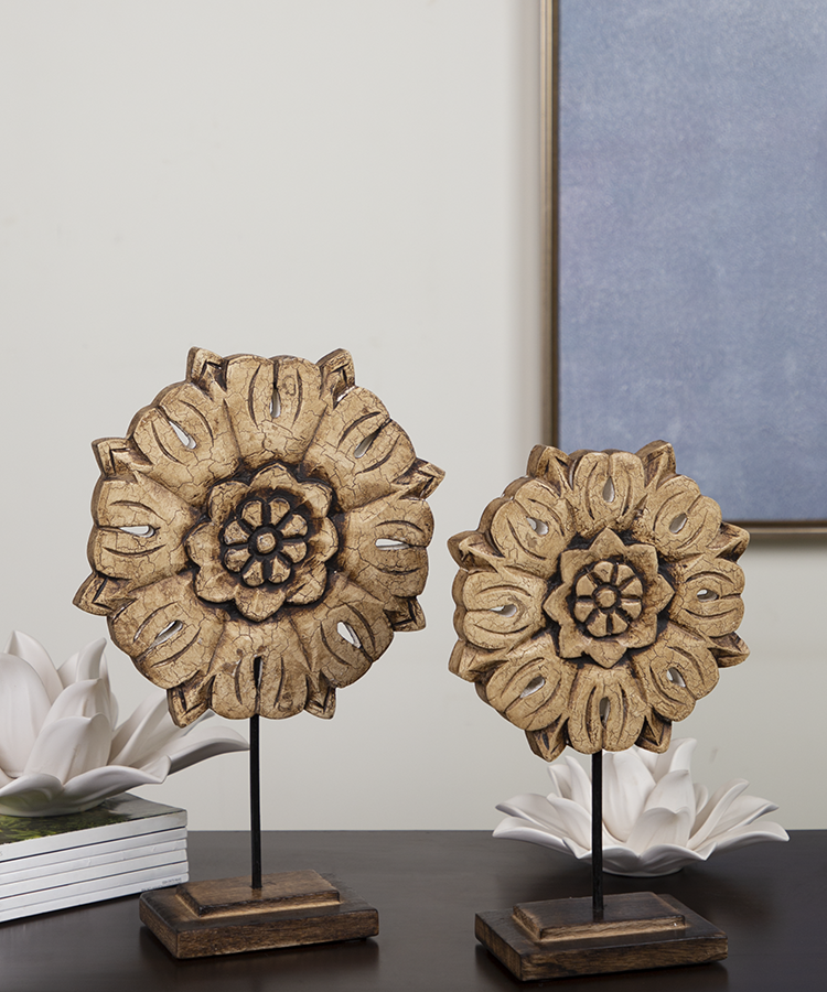 Wooden Crackled Flower Sculpture Set Of 2