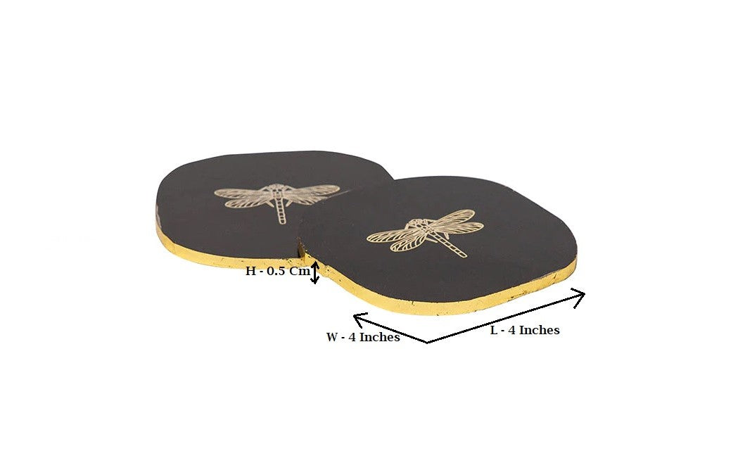 Natural Black Agate Stone Coasters With Brass Dragonfly In Center & Gold Foil Edges (Set Of 2)
