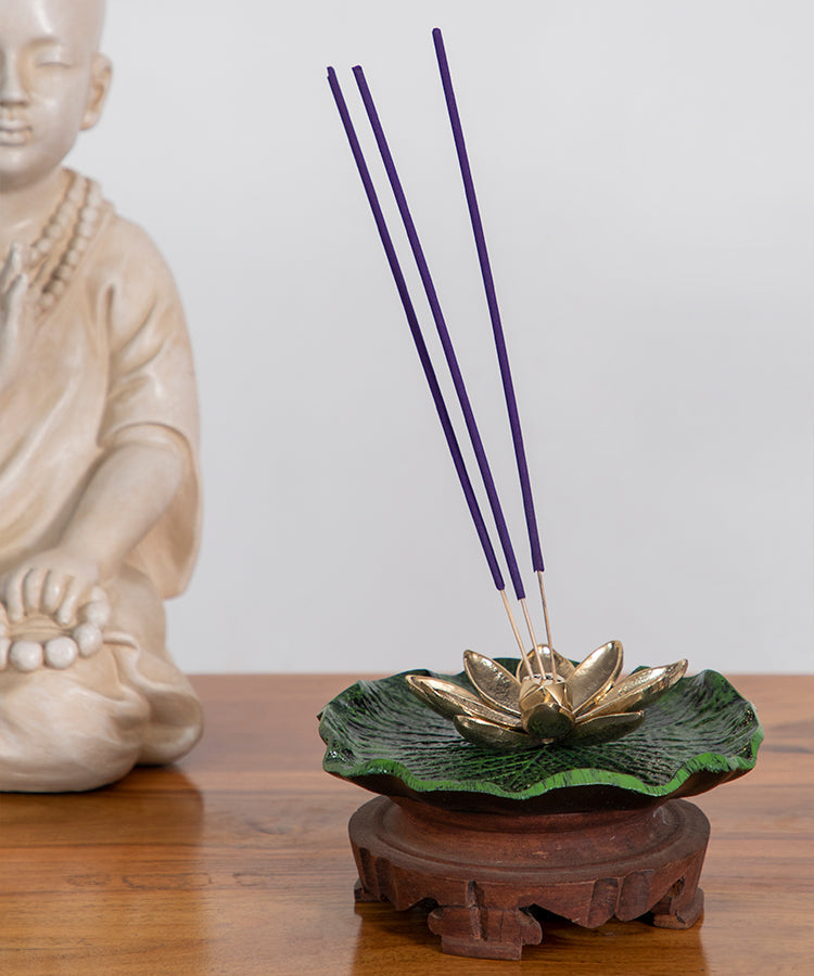Pure Brass Lotus Insence Holder With Green & Black Leaf Finish