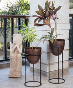 Antique Finish Copper Planters On Black Iron Stand-Set Of 2