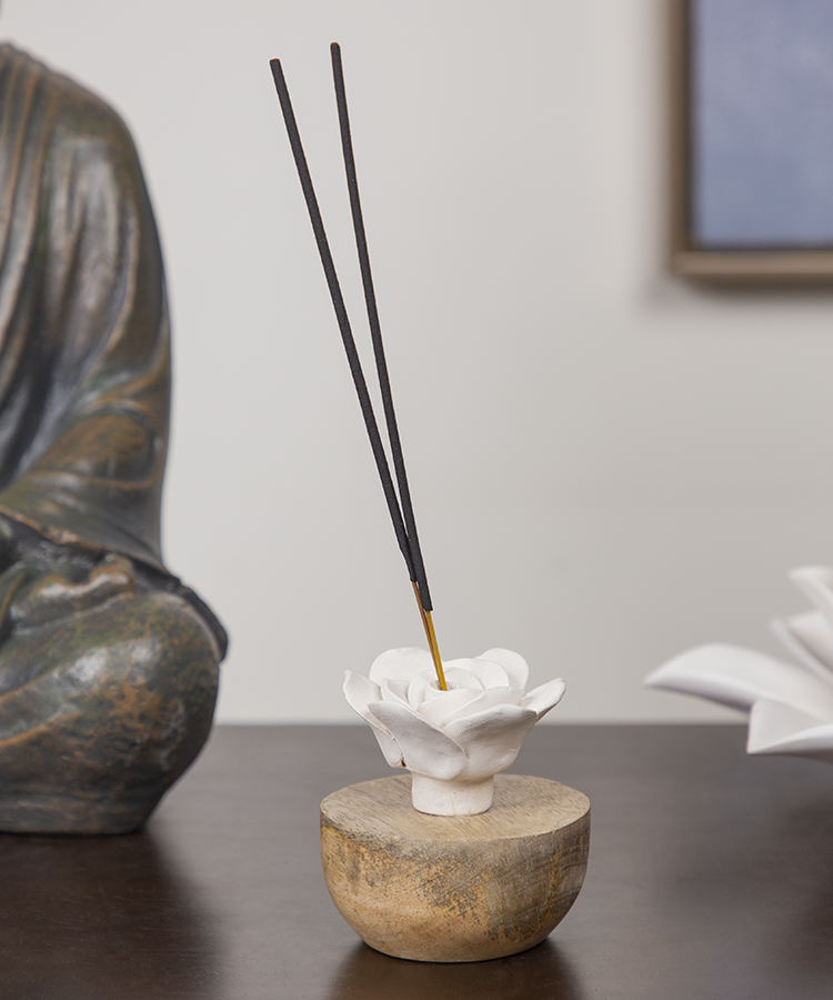 Terracotta White Rose with Wooden Base Incense Holder