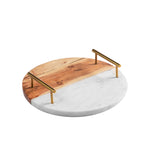 Half Wood Half White Marble Fusion Tray With Gold Finish Handles