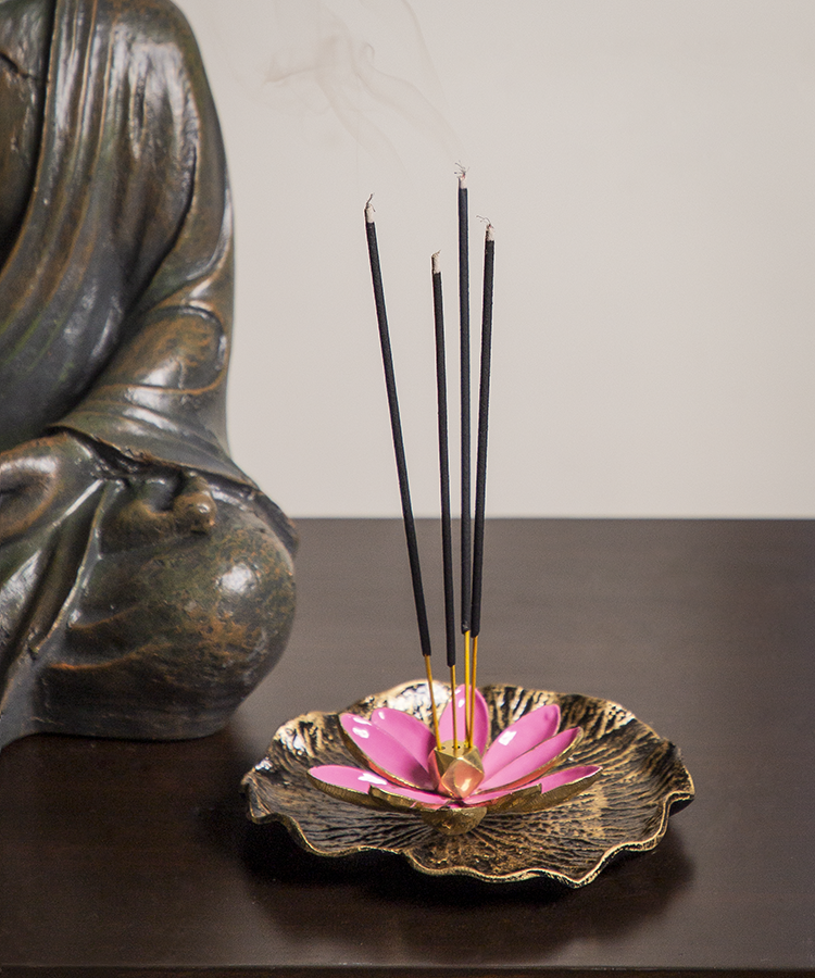 Pink Enamel Brass Lotus On Leaf Incense Holder
