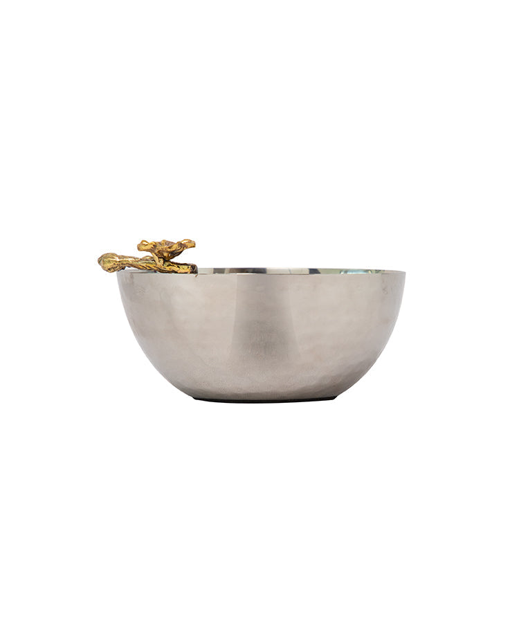 Silver Hammered Snack Bowl With Gold Flower With Stem On Edge