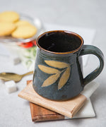 Studio Pottery Handcarved and Handglazed Deep Olive Glazed with Leaf Motif Ceramic Mug (350ML Microwave & Dishwasher Safe)