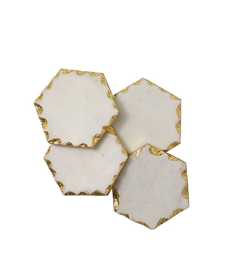 Marble Hexagon Coasters With Gold Foiling On Edges - Set Of 4