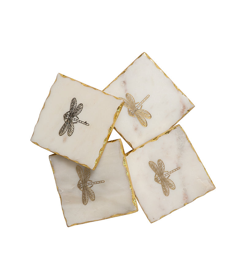 White Marble Square Coasters With Gold Dragonfly And Gold Edge Foiling - Set Of 4