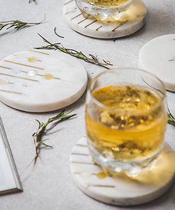 Round Marble With Brass And Mother Of Pearl Inlay Work Coasters - Set Of Four