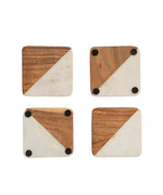 Square Coasters Diagonal Design Half Marble Half Wood - Set Of 4