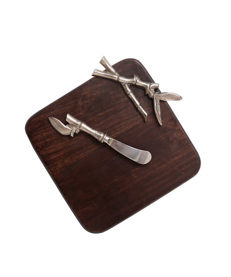 Bamboo Embellished Wooden Cheese Platter with Knife