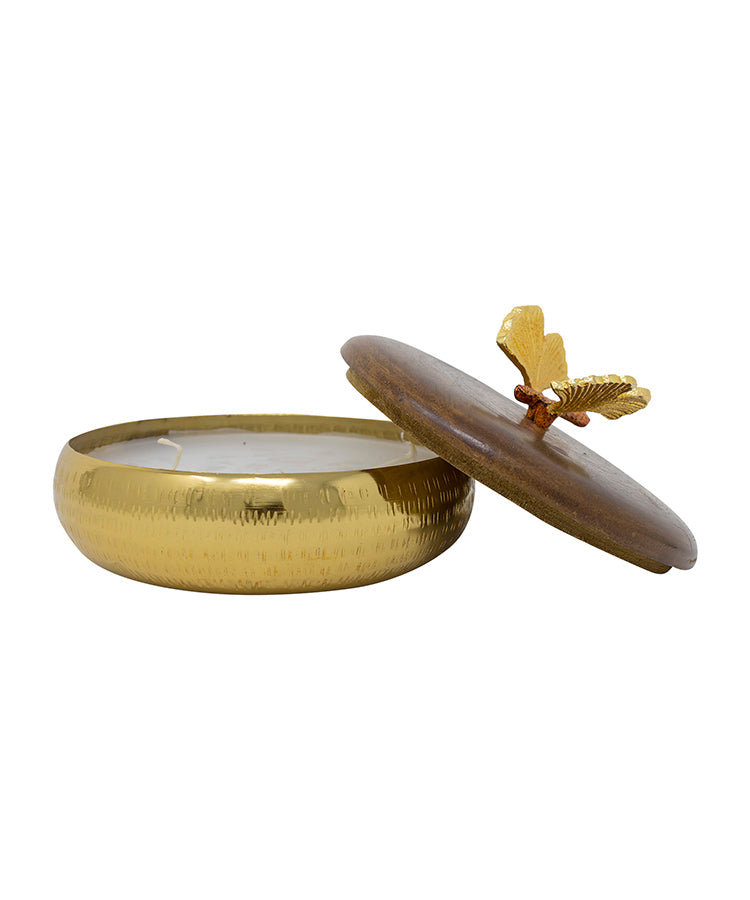 Candle Holder Jar With Scented Wax Medium Gold with Butterfly Embellishment on Wooden Lid