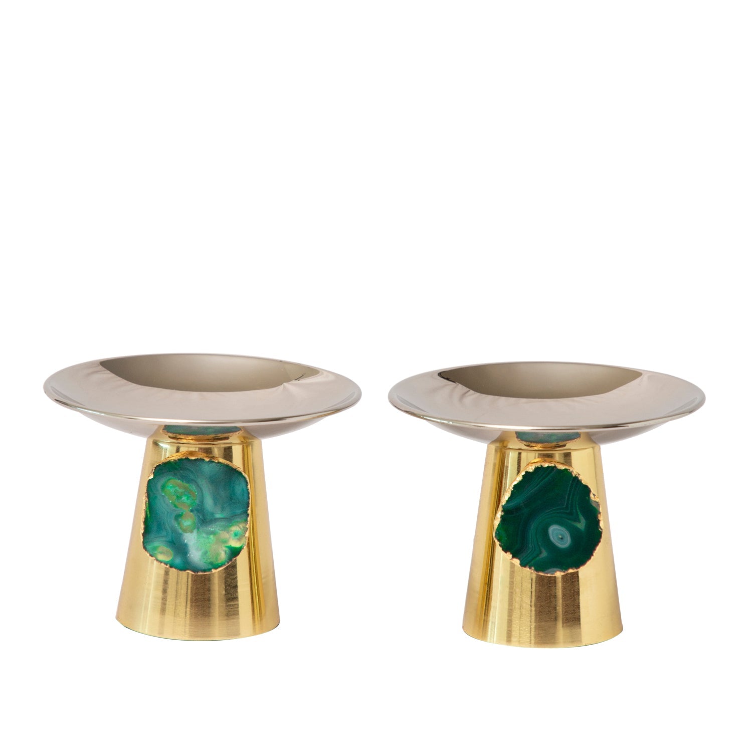 Stainless Steel Platters /Bowls With Green Agate Stone-Set of 2