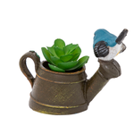 Watering Can with Perched Bird Planter Pot (Artificial Succulent Plant Included with this Planter Pot)