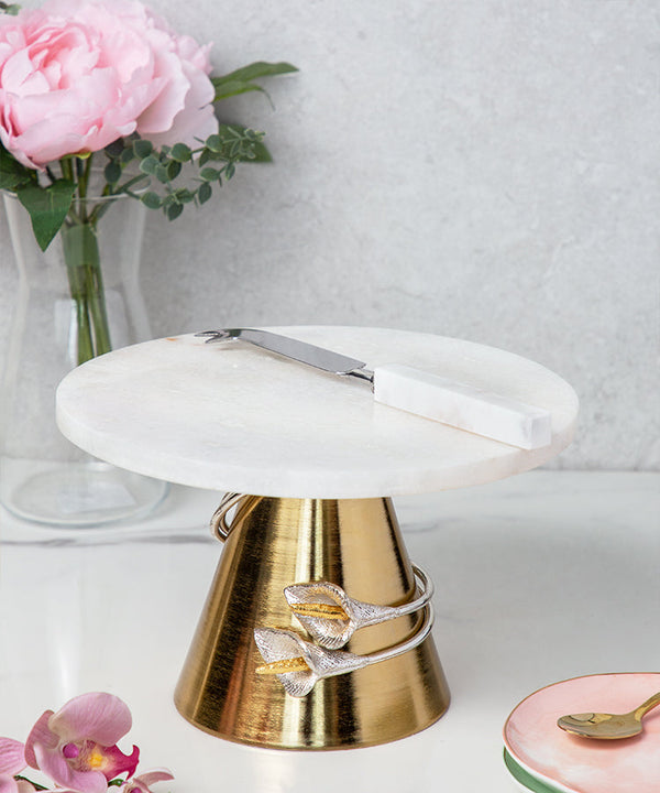 Silver Tulip Spiral Design White Marble With Gold Base Cake Stand And Knife Set