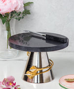 Gold Spiral Tulips Design Black Marble Top With Silver Base Cake Stand And Knife Set
