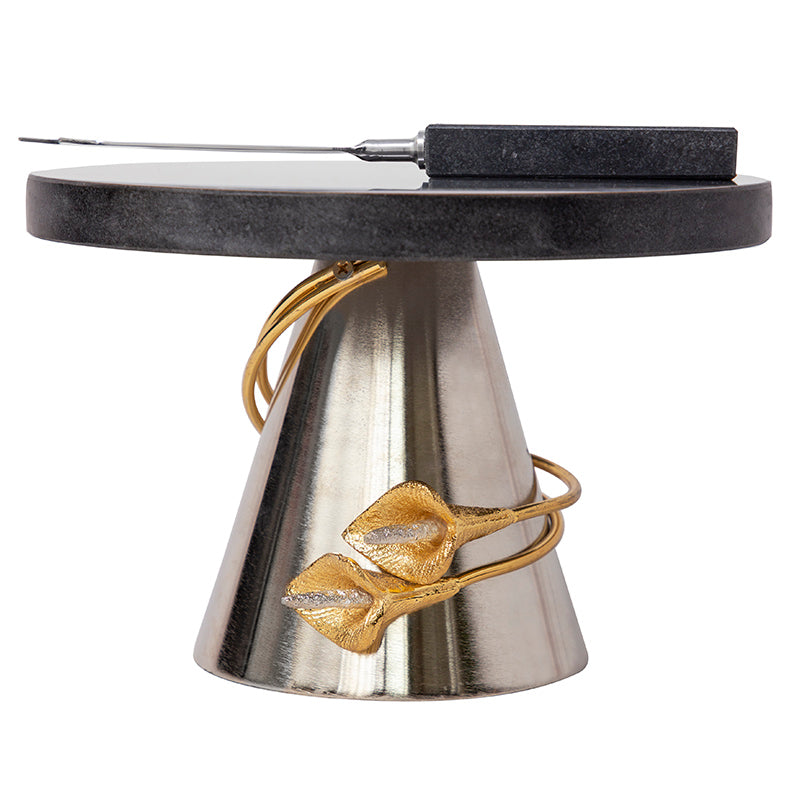 Gold Spiral Tulips Design Black Marble Top With Silver Base Cake Stand And Knife Set