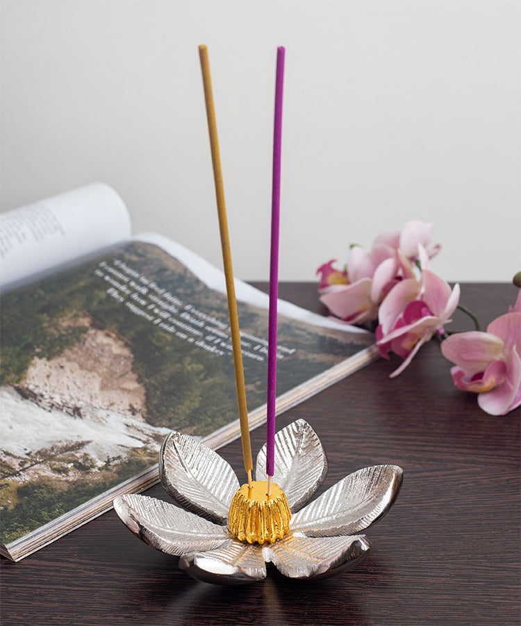 Silver Flower with Gold Center Incense Holder