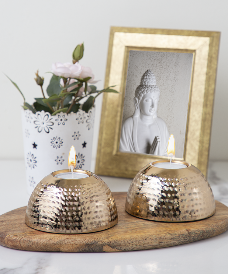 Dome Shaped Baarik Texture Tea Light Candle Holder Light Gold Finish