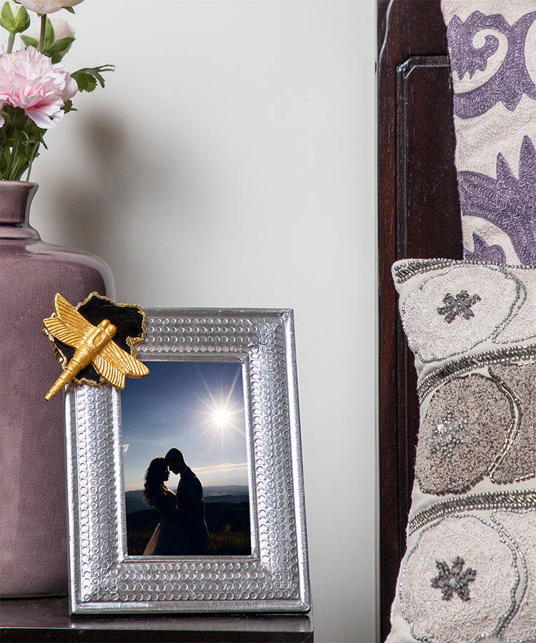 Ornate Silver Photoframe with Black-Grey Agate Stone and Gold Dragonfly Embellishment On Top