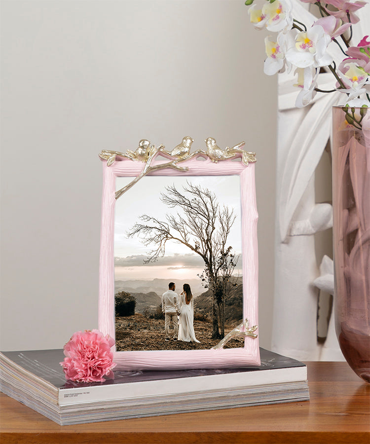 Champagne Gold Birds On Branch On Pink Photoframe Large