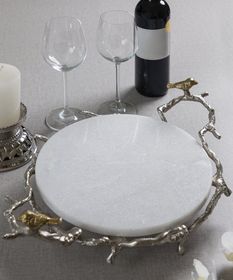 White Marble Platter On Silver Birds Branch Stand