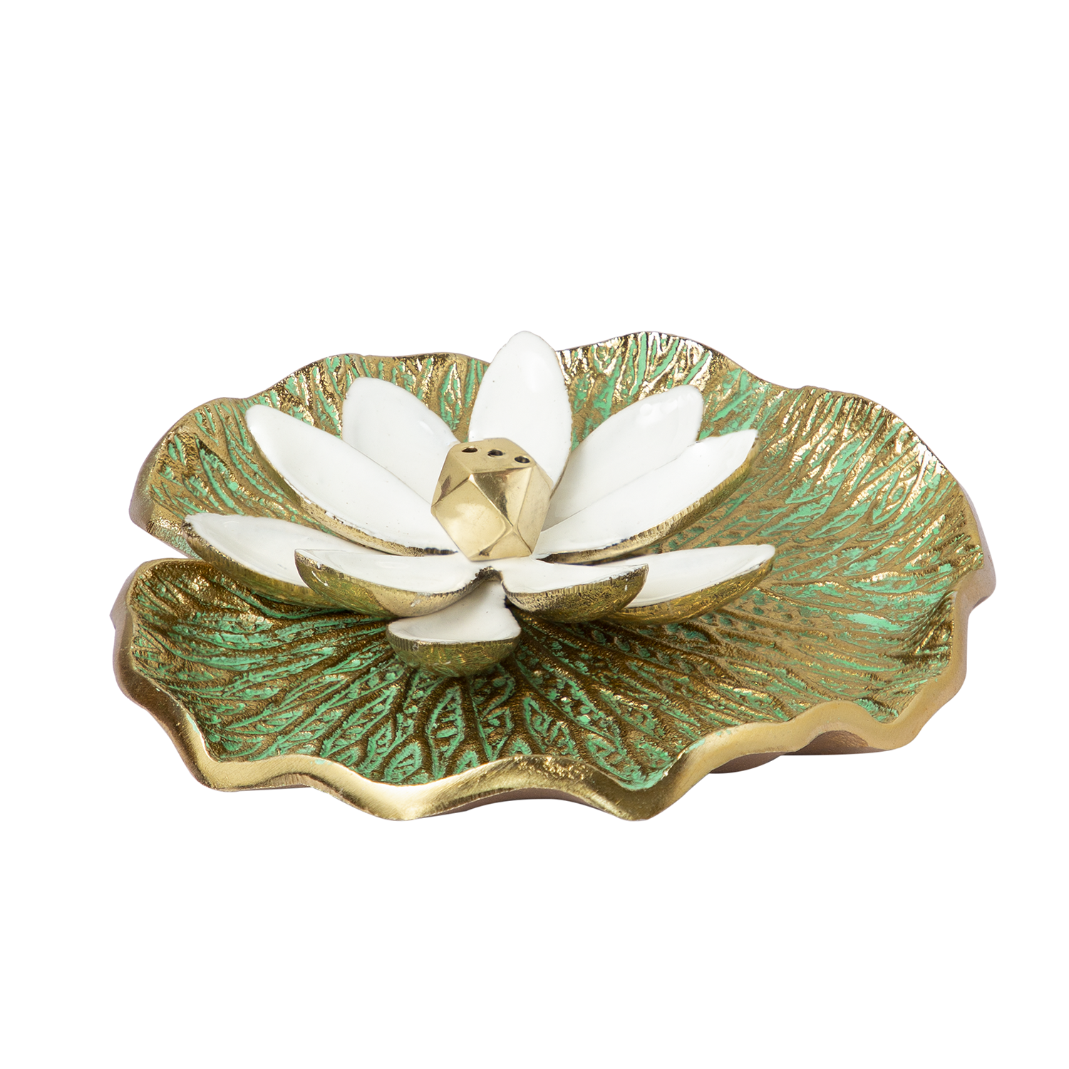 Brass With White Enamel Lotus On Gold & Green Leaf Incense Holder