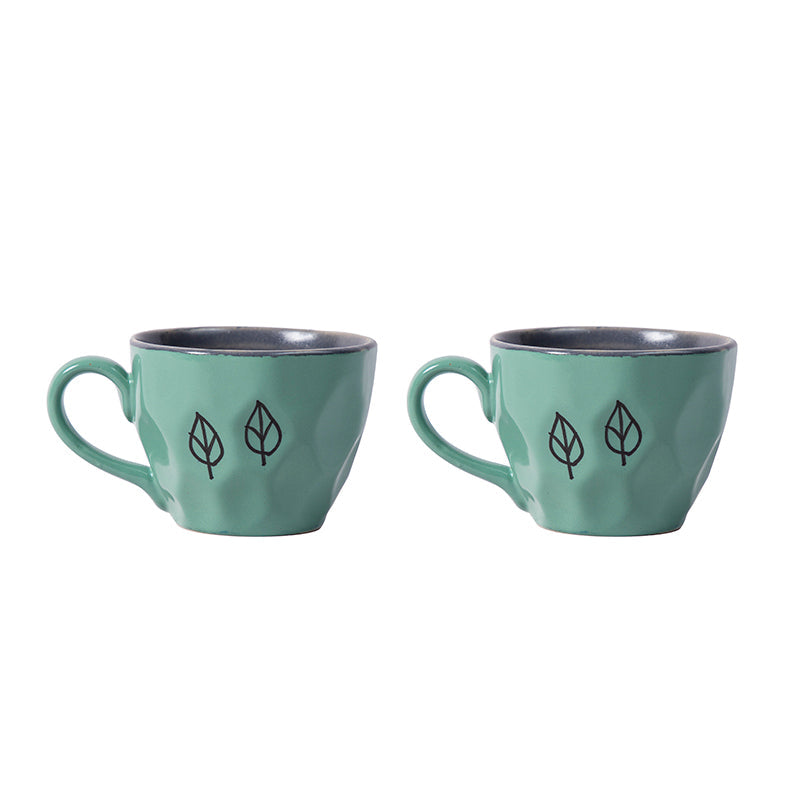 Studio Pottery Mint Green and Grey Dual Colour Glazed and Textured Contemporary Style Handpainted Leaves Motif Ceramic Mugs -Set of 2 (250 ML Microwave and Dishwasher Safe)