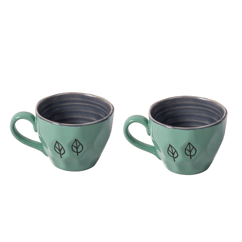 Studio Pottery Mint Green and Grey Dual Colour Glazed and Textured Contemporary Style Handpainted Leaves Motif Ceramic Mugs -Set of 2 (250 ML Microwave and Dishwasher Safe)